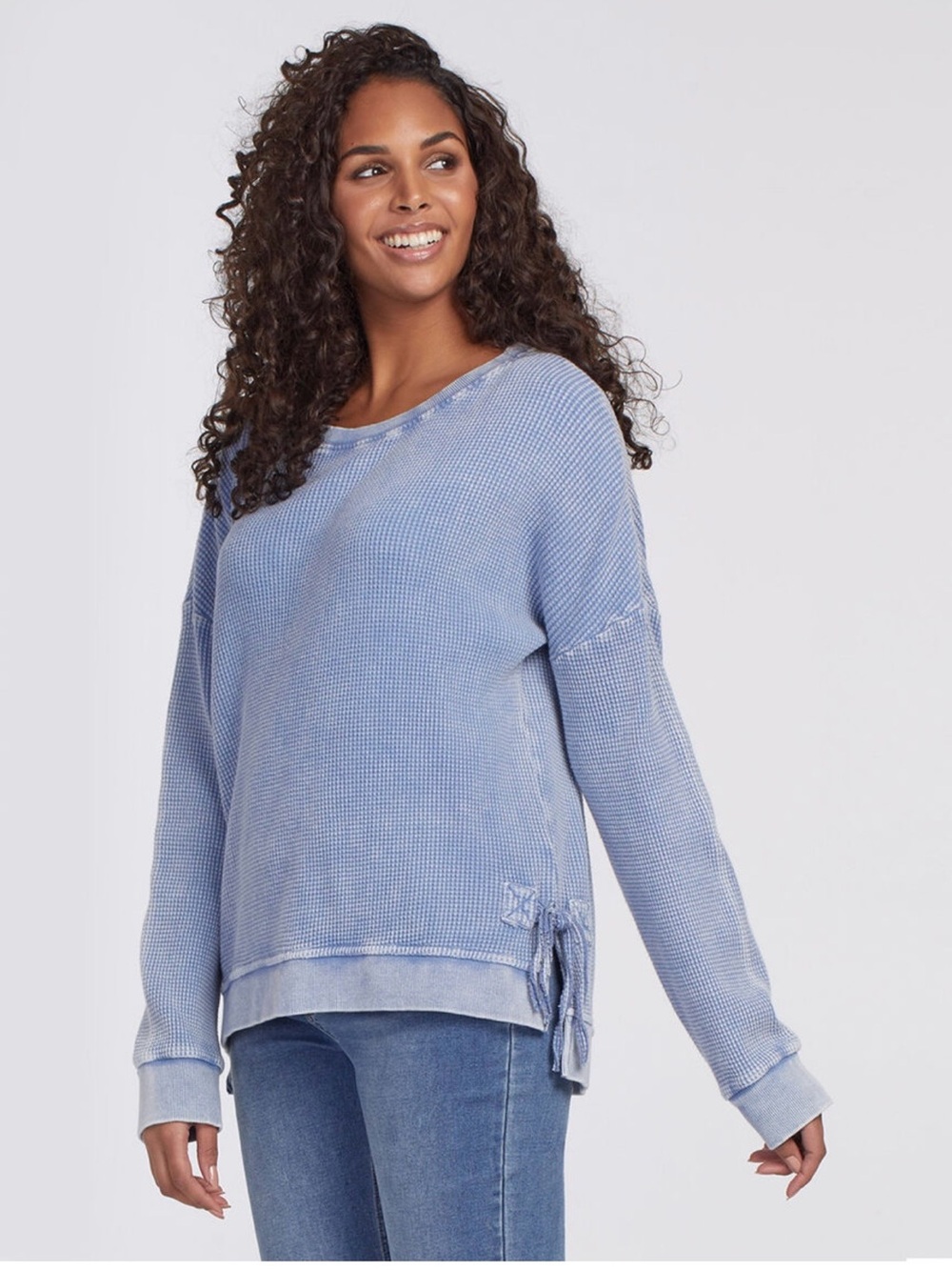 Tribal Wilhelmina Side Laced Light Blue Waffle-Knit Crewneck Sweater